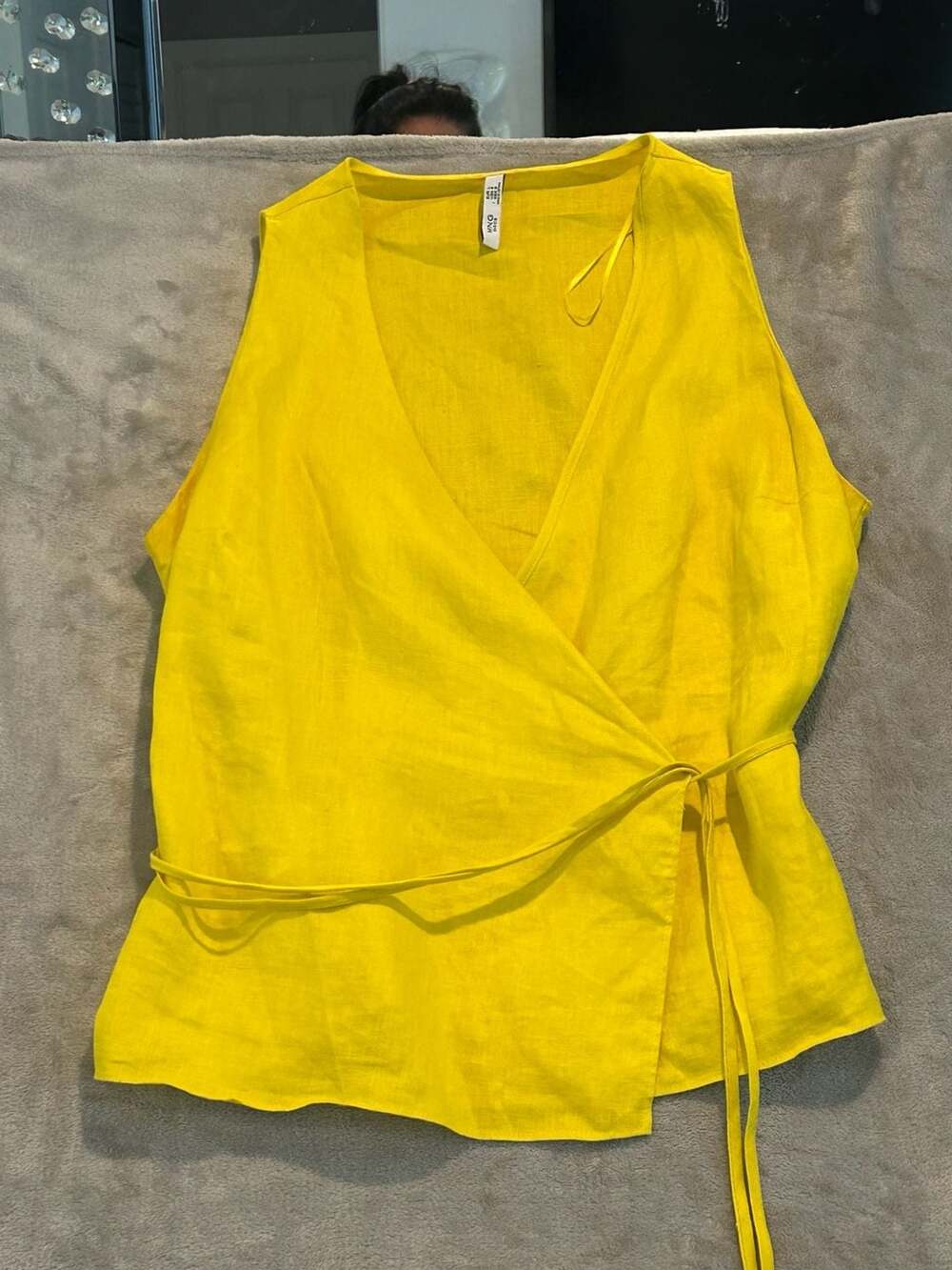 MANGO Basics Women Yellow Linen Solid Wrap Top Size L